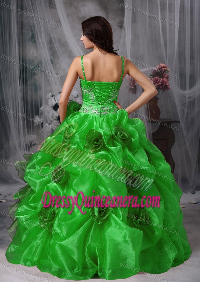 Beaded and Ruffled Sweet Sixteen Quince Dresses with Straps in Spring Green